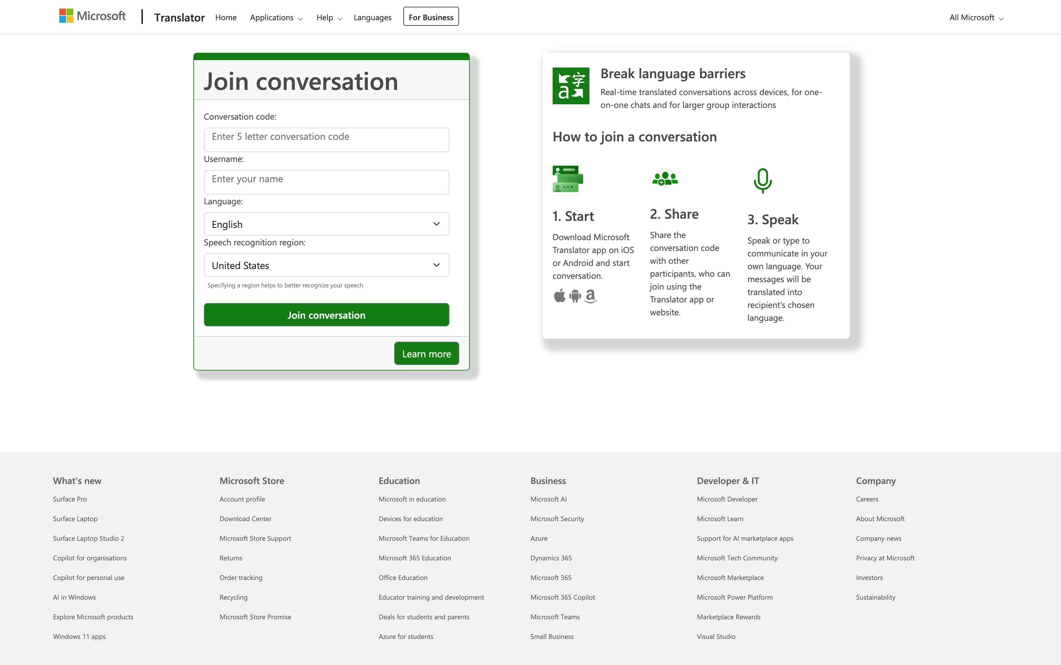 Microsoft Translator screenshot